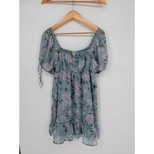 Derek Heart Floral Mini Dress Large Blue Puff Sleeve Cottagecore Coquette